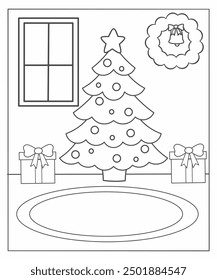  Dibujo de Árbol de Navidad para colorear para niños, Dibujo de Árbol de Navidad en blanco y negro, Actividad de Dibujo de Navidad para colorear para jardín de infantes 