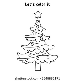 Christmas tree coloring page for kids. Christmas tree with ornament and star topper line art illustration. Christmas tree with ornament. Christmas holiday worksheets printable.