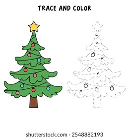 Christmas tree coloring page for kids. Christmas tree with ornament and star topper line art illustration. Christmas tree with ornament. Christmas holiday worksheets printable.