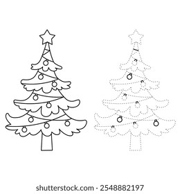 Christmas tree coloring page for kids. Christmas tree with ornament and star topper line art illustration. Christmas tree with ornament. Christmas holiday worksheets printable.