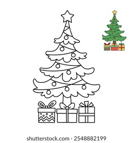 Christmas tree coloring page for kids. Christmas tree with presents and star topper line art illustration. Christmas tree with ornament. Christmas holiday worksheets printable.