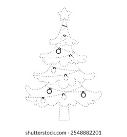 Christmas tree coloring page for kids. Christmas tree with ornament and star topper line art illustration. Christmas tree with ornament. Christmas holiday worksheets printable.