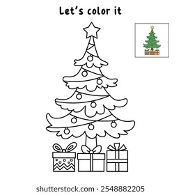 Christmas tree coloring page for kids. Christmas tree with presents and star topper line art illustration. Christmas tree with ornament. Christmas holiday worksheets printable.