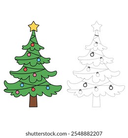 Christmas tree coloring page for kids. Christmas tree with ornament and star topper line art illustration. Christmas tree with ornament. Christmas holiday worksheets printable.