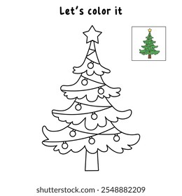 Christmas tree coloring page for kids. Christmas tree with ornament and star topper line art illustration. Christmas tree with ornament. Christmas holiday worksheets printable.