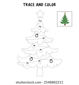 Christmas tree coloring page for kids. Christmas tree with ornament and star topper line art illustration. Christmas tree with ornament. Christmas holiday worksheets printable.