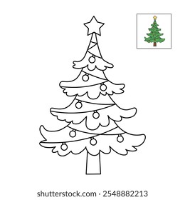 Christmas tree coloring page for kids. Christmas tree with ornament and star topper line art illustration. Christmas tree with ornament. Christmas holiday worksheets printable.