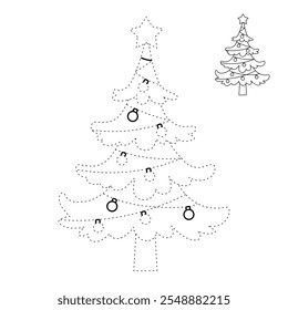 Christmas tree coloring page for kids. Christmas tree with ornament and star topper line art illustration. Christmas tree with ornament. Christmas holiday worksheets printable.