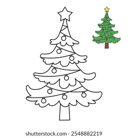 Christmas tree coloring page for kids. Christmas tree with ornament and star topper line art illustration. Christmas tree with ornament. Christmas holiday worksheets printable.