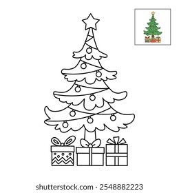 Christmas tree coloring page for kids. Christmas tree with presents and star topper line art illustration. Christmas tree with ornament. Christmas holiday worksheets printable.