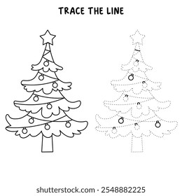 Christmas tree coloring page for kids. Christmas tree with ornament and star topper line art illustration. Christmas tree with ornament. Christmas holiday worksheets printable.