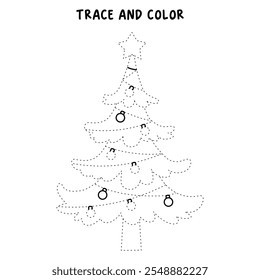 Christmas tree coloring page for kids. Christmas tree with ornament and star topper line art illustration. Christmas tree with ornament. Christmas holiday worksheets printable.