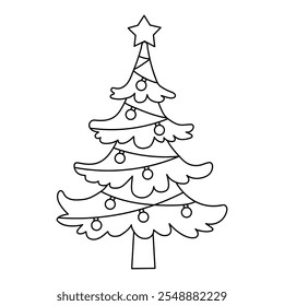 Christmas tree coloring page for kids. Christmas tree with ornament and star topper line art illustration. Christmas tree with ornament. Christmas holiday worksheets printable.