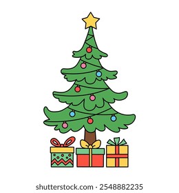 Christmas tree coloring page for kids. Christmas tree with presents and star topper line art illustration. Christmas tree with ornament. Christmas holiday worksheets printable.