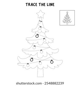 Christmas tree coloring page for kids. Christmas tree with ornament and star topper line art illustration. Christmas tree with ornament. Christmas holiday worksheets printable.