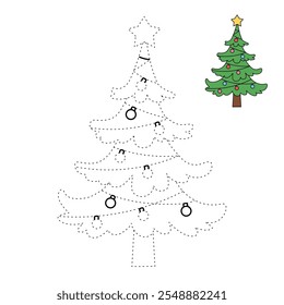 Christmas tree coloring page for kids. Christmas tree with ornament and star topper line art illustration. Christmas tree with ornament. Christmas holiday worksheets printable.