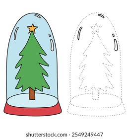 Christmas tree coloring page for kids. Christmas tree in a snow globe jar illustration. Christmas tree with ornament and star topper. Christmas holiday worksheets printable.