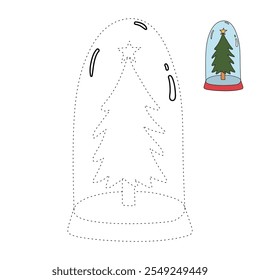 Christmas tree coloring page for kids. Christmas tree in a snow globe jar illustration. Christmas tree with ornament and star topper. Christmas holiday worksheets printable.