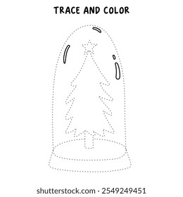 Christmas tree coloring page for kids. Christmas tree in a snow globe jar illustration. Christmas tree with ornament and star topper. Christmas holiday worksheets printable.