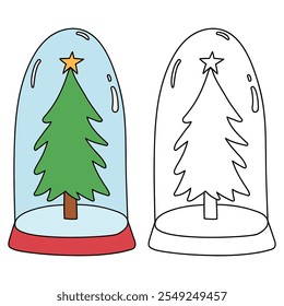 Christmas tree coloring page for kids. Christmas tree in a snow globe jar illustration. Christmas tree with ornament and star topper. Christmas holiday worksheets printable.