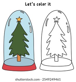 Christmas tree coloring page for kids. Christmas tree in a snow globe jar illustration. Christmas tree with ornament and star topper. Christmas holiday worksheets printable.