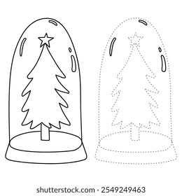 Christmas tree coloring page for kids. Christmas tree in a snow globe jar illustration. Christmas tree with ornament and star topper. Christmas holiday worksheets printable.