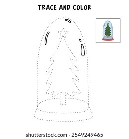 Christmas tree coloring page for kids. Christmas tree in a snow globe jar illustration. Christmas tree with ornament and star topper. Christmas holiday worksheets printable.