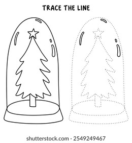 Christmas tree coloring page for kids. Christmas tree in a snow globe jar illustration. Christmas tree with ornament and star topper. Christmas holiday worksheets printable.