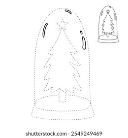 Christmas tree coloring page for kids. Christmas tree in a snow globe jar illustration. Christmas tree with ornament and star topper. Christmas holiday worksheets printable.