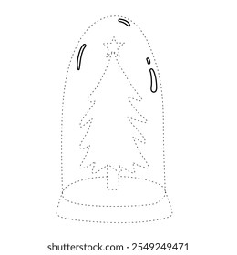 Christmas tree coloring page for kids. Christmas tree in a snow globe jar illustration. Christmas tree with ornament and star topper. Christmas holiday worksheets printable.