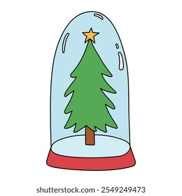 Christmas tree coloring page for kids. Christmas tree in a snow globe jar illustration. Christmas tree with ornament and star topper. Christmas holiday worksheets printable.