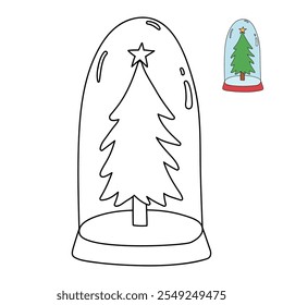 Christmas tree coloring page for kids. Christmas tree in a snow globe jar illustration. Christmas tree with ornament and star topper. Christmas holiday worksheets printable.