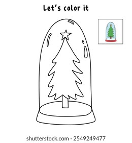 Christmas tree coloring page for kids. Christmas tree in a snow globe jar illustration. Christmas tree with ornament and star topper. Christmas holiday worksheets printable.