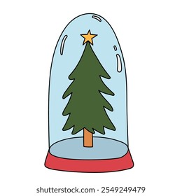 Christmas tree coloring page for kids. Christmas tree in a snow globe jar illustration. Christmas tree with ornament and star topper. Christmas holiday worksheets printable.