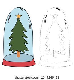 Christmas tree coloring page for kids. Christmas tree in a snow globe jar illustration. Christmas tree with ornament and star topper. Christmas holiday worksheets printable.