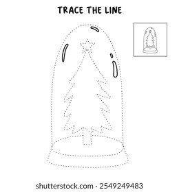 Christmas tree coloring page for kids. Christmas tree in a snow globe jar illustration. Christmas tree with ornament and star topper. Christmas holiday worksheets printable.