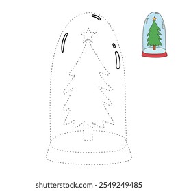 Christmas tree coloring page for kids. Christmas tree in a snow globe jar illustration. Christmas tree with ornament and star topper. Christmas holiday worksheets printable.