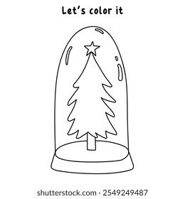 Christmas tree coloring page for kids. Christmas tree in a snow globe jar illustration. Christmas tree with ornament and star topper. Christmas holiday worksheets printable.