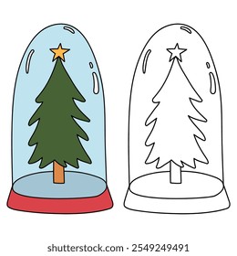 Christmas tree coloring page for kids. Christmas tree in a snow globe jar illustration. Christmas tree with ornament and star topper. Christmas holiday worksheets printable.