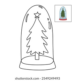 Christmas tree coloring page for kids. Christmas tree in a snow globe jar illustration. Christmas tree with ornament and star topper. Christmas holiday worksheets printable.