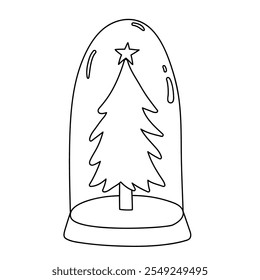 Christmas tree coloring page for kids. Christmas tree in a snow globe jar illustration. Christmas tree with ornament and star topper. Christmas holiday worksheets printable.