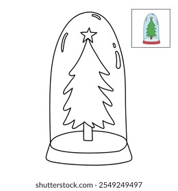 Christmas tree coloring page for kids. Christmas tree in a snow globe jar illustration. Christmas tree with ornament and star topper. Christmas holiday worksheets printable.