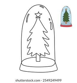 Christmas tree coloring page for kids. Christmas tree in a snow globe jar illustration. Christmas tree with ornament and star topper. Christmas holiday worksheets printable.