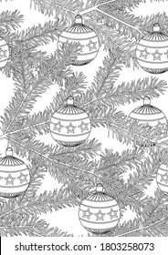 Christmas tree coloring page, seamless pattern. Outline vector stock illustration Colorless Christmas tree, balls. Anti-stress coloring book for adults. Vector illustration A4 format. Spruce needles