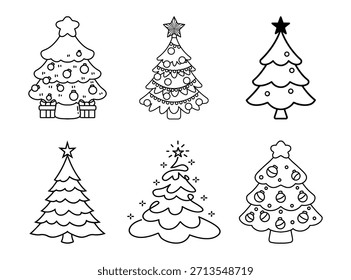 Conjunto de Vector de página para colorear de árbol de Navidad. Líneas de contorno blanco y negro con adornos. Lindo Doodle Firs para niños para colorear libro y actividad.