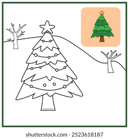 Christmas tree coloring page Worksheet. Printable outline black and white for activity and colouring book for kids.