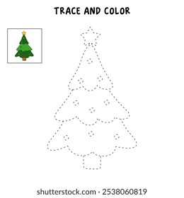 Árvore de Natal colorir páginas para crianças. Trace e cor árvore de Natal. Árvore de Natal isolada sobre fundo branco. Planilhas de jardim de infância e pré-escola imprimíveis para crianças. 