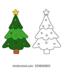 Christmas tree coloring pages for kids. Trace and color Christmas tree. Christmas tree isolated on white background. Kindergarten and preschool worksheets printable for kids. 
