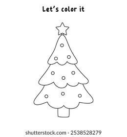 Christmas tree coloring pages for kids. Trace and color Christmas tree. Christmas tree isolated on white background. Kindergarten and preschool worksheets printable for kids. 