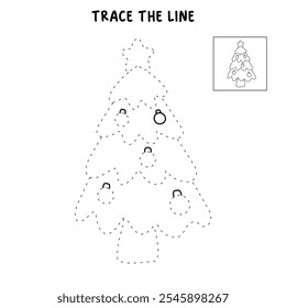 Árvore de Natal colorir páginas para crianças. Trace e cor árvore de Natal. Árvore de Natal isolada sobre fundo branco. Planilhas de jardim de infância e pré-escola imprimíveis para crianças. 